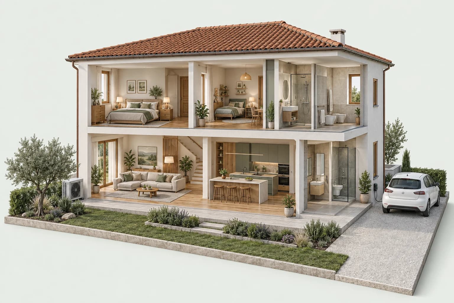 Casa illustrativa realistica aperta in sezione, con pompa di calore, ambienti arredati e auto elettrica
